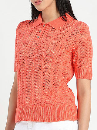 Madame Openwork Detail Textured Coral Orange Cotton Knitted Top