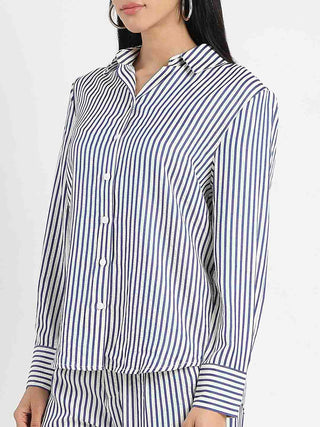 Madame Striped Navy Blue Cotton Blend Shirt