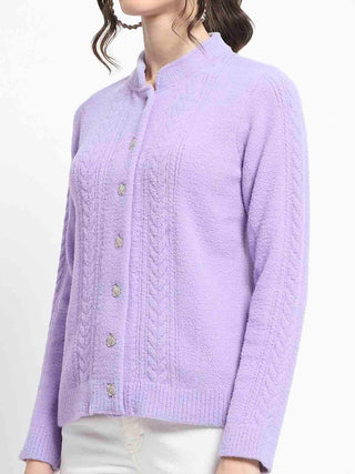 Madame Button Down Cable Knit Solid Lilac Cardigan