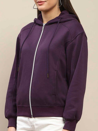 Madame Fleece Cut And Sew Detailed Zipped Purple Hoodie