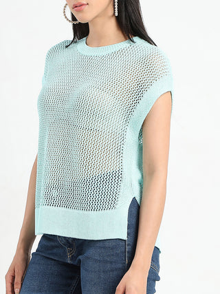 Madame Open Knit Side Slits Mint Green Top