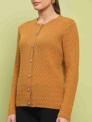 Madame Glossy Buttoned Cable Knit Mustard Yellow Cardigan