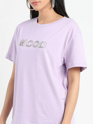 Madame Embellished Typography Lilac Cotton T-Shirt