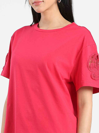 Madame Embroidered Sleeve Solid Red Cotton T-Shirt