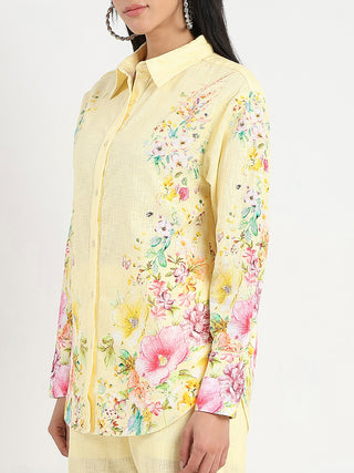 Madame Printed Shirt and Trousers Yellow Cotton Co-ord Set