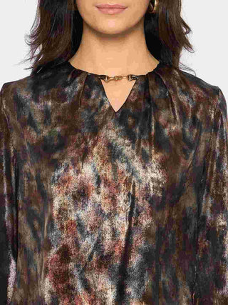 Madame Metal Buckled Neckline Tie Dye Black Satin Top