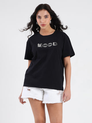 Madame Embellished Pocket Typography Black Cotton T-shirt