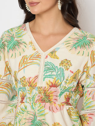 Madame Shanaya Kapoor Floral Print Tiered Off White Mini Dress