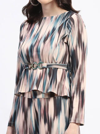 Madame Knit Moss Printed Belted Top And Bottom Beige Co-Ord Set