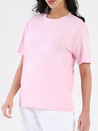 Madame Embroidered Half Sleeve Pink Cotton T-shirt