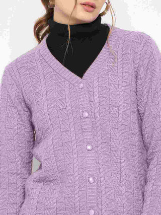 Madame Cable Knit V- Neck Buttoned Lilac Cardigan