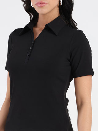 Madame Solid Black Polo Pique T-shirt