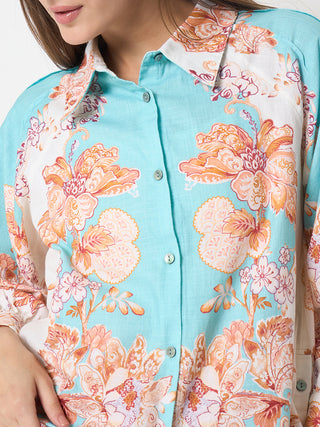 Madame Floral Print Colorblock Blue Shirt