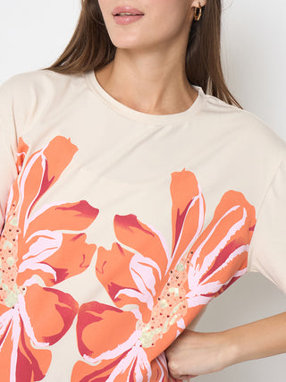 Madame Printed and Handwork Detailed Beige Sinker T-shirt