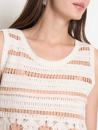 Madame Crochet Sleeveless Solid Beige Cotton Top