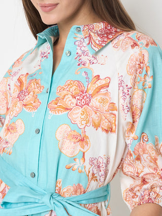Madame Blue Colorblock Floral Cotton Midi Shirt Dress