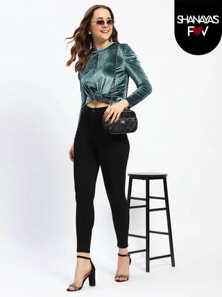 Madame Wrap Detailed Puff Sleeve Teal Top