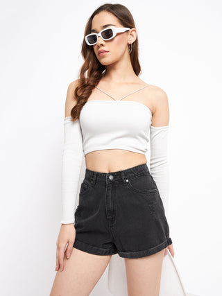 Madame Folded Hem Black Denim Shorts