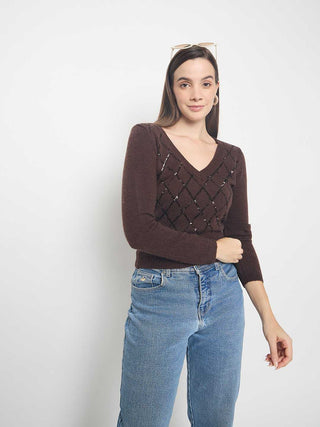 Madame Embellished Chocolate Brown Crop Sweater