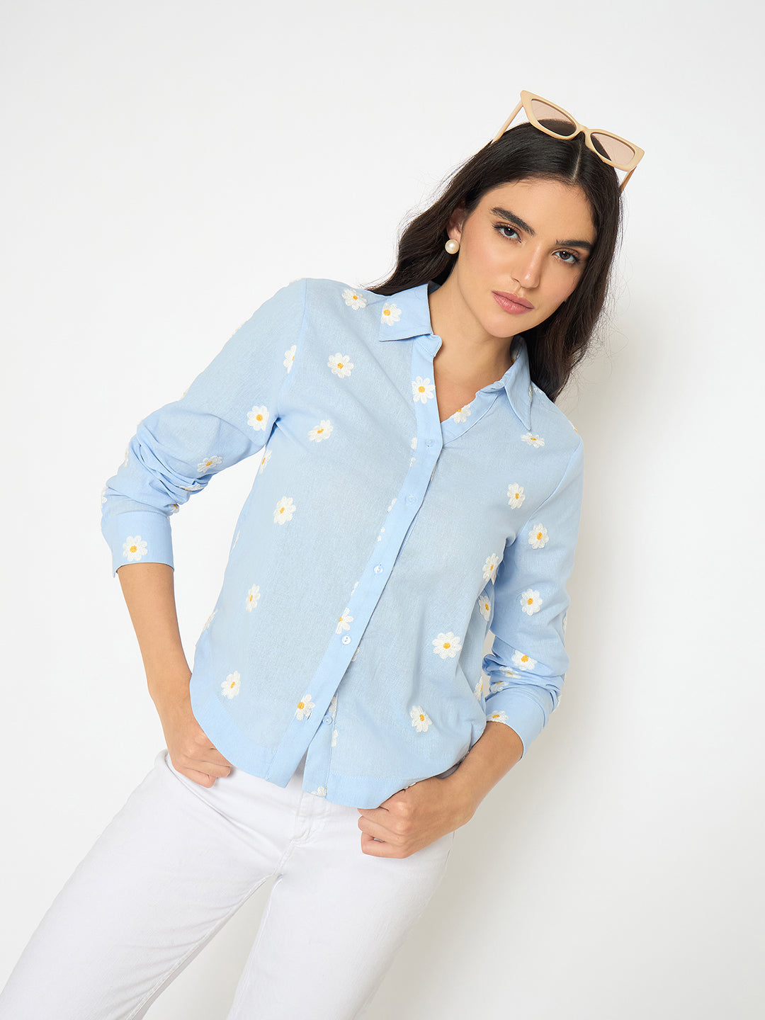 Madame Floral Embroidery Blue Cotton Shirt color swatch