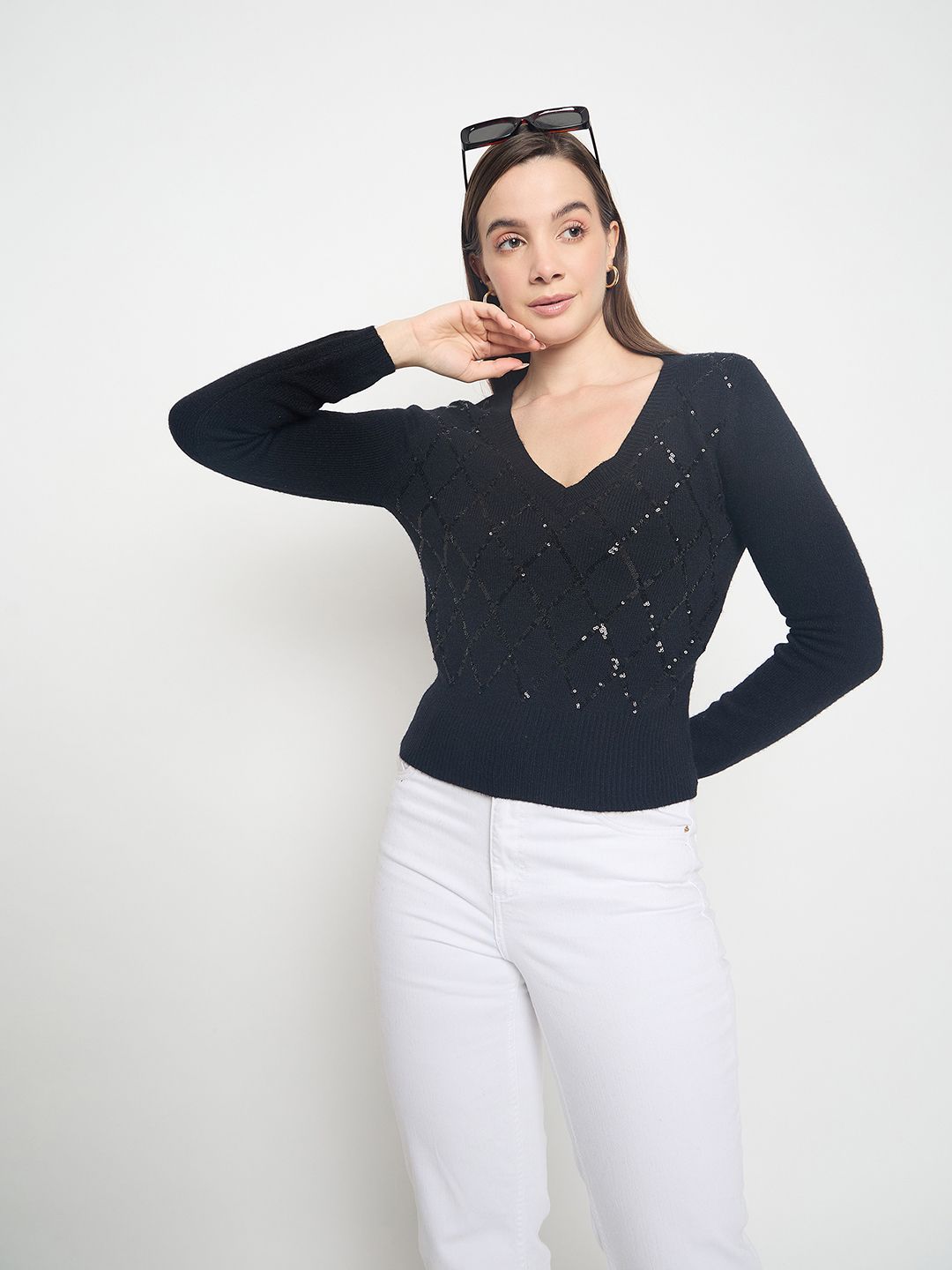 Madame Embellished Black Crop Sweater color swatch