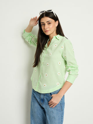 Madame Floral Embroidery Green Cotton Shirt