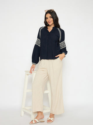 Madame Straight Fit Solid Beige Rayon Blend Trousers