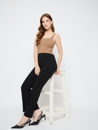 Madame Pleat Detailed Solid Black Flared Trousers