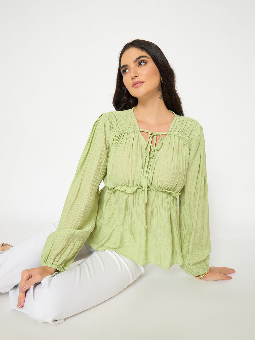 Madame Cinch Waist Apple Green Peplum Top color swatch