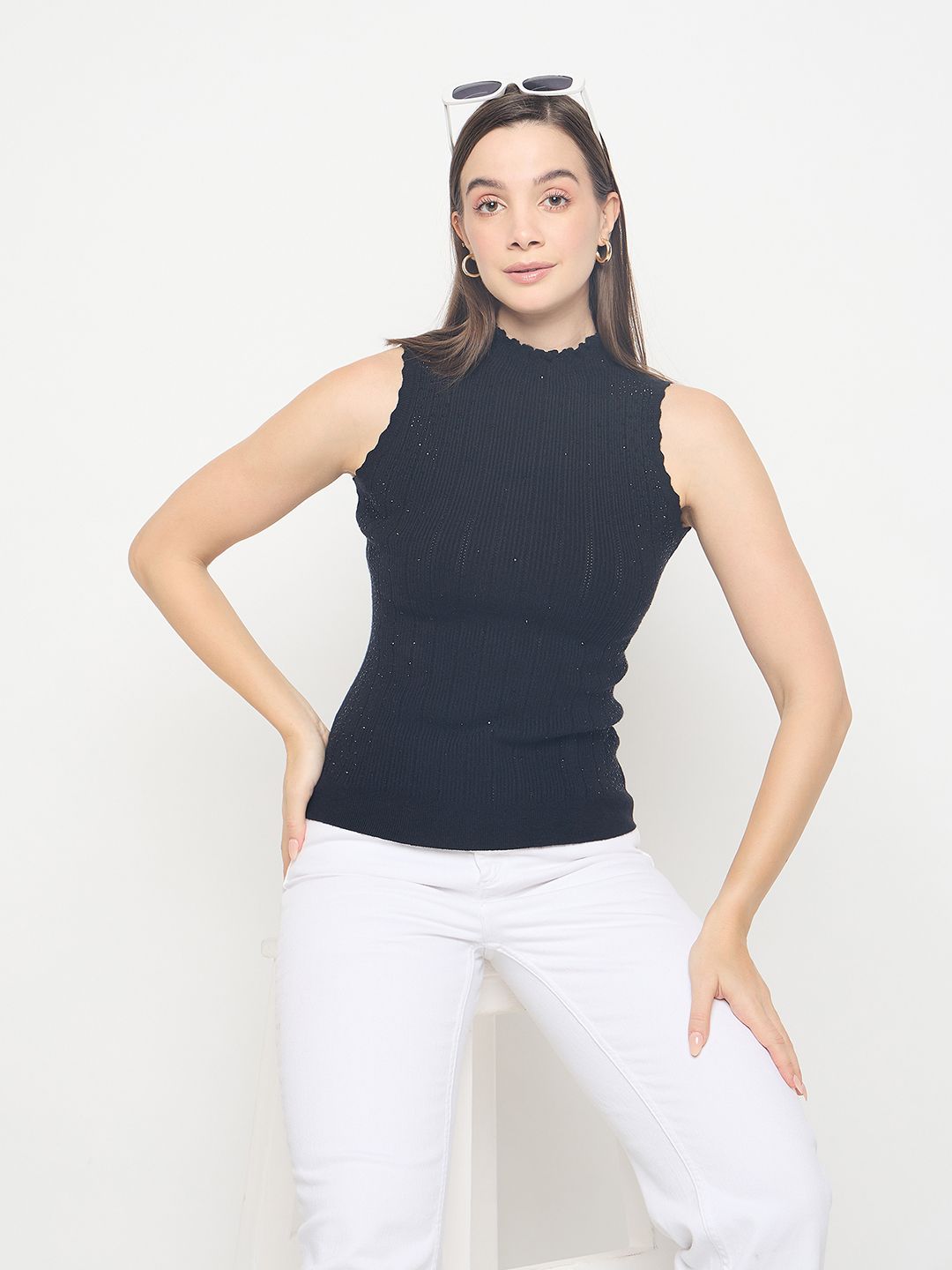 Madame Metallic Fabric Black Sleeveless Sweater color swatch