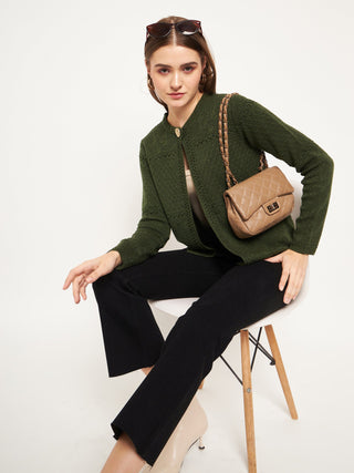 Madame Women Self Design Olive Cardigans
