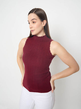 Madame Metallic Fabric Maroon Sleeveless Sweater