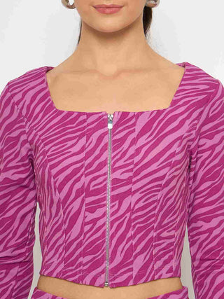 Madame Animal Print Zipped Top and Flared Bottom Pink Co-Ord Set