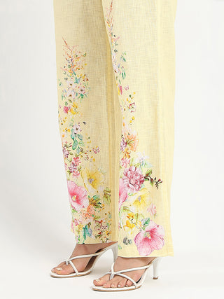 Madame Printed Shirt and Trousers Yellow Cotton Co-ord Set