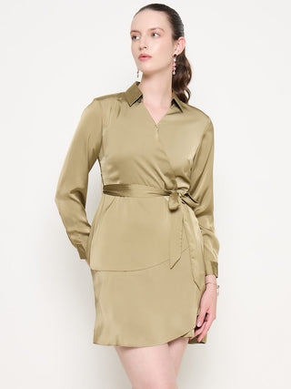Madame Fabric Belted Cuff Sleeve Solid Green Satin Short Dress