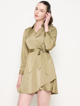 Madame Fabric Belted Cuff Sleeve Solid Green Satin Short Dress