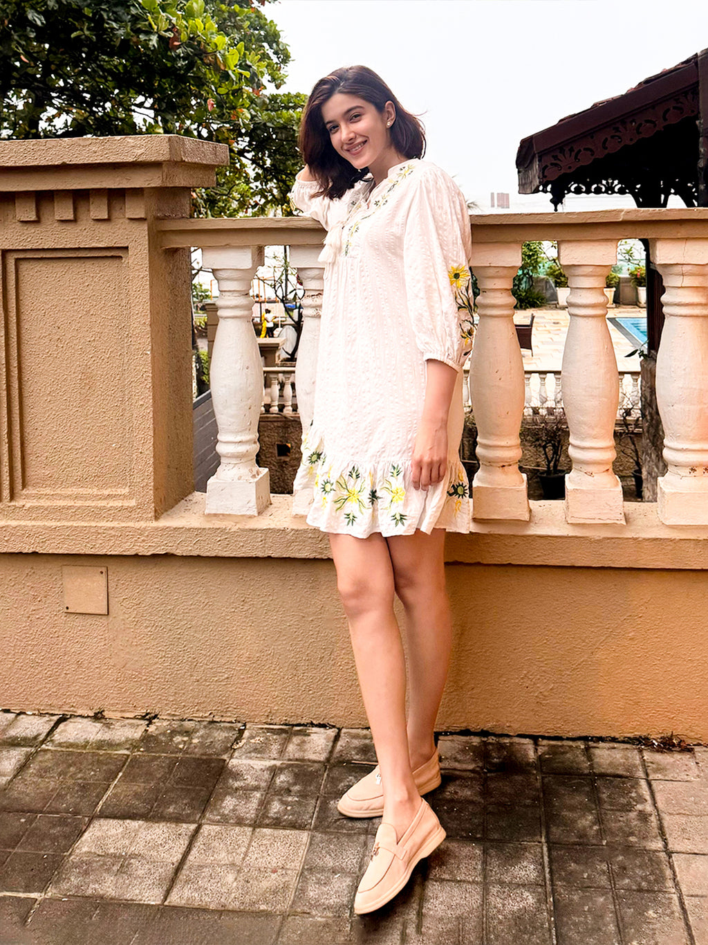 Madame Floral Embroidered Fit and Flare White Mini Dress