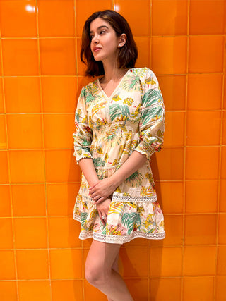 Madame Shanaya Kapoor Floral Print Tiered Off White Mini Dress