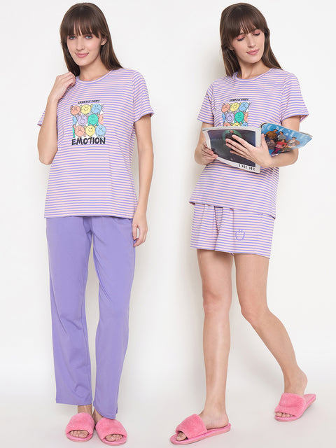 mSECRET Printed Top, Shorts and Bottoms Purple Night Suit