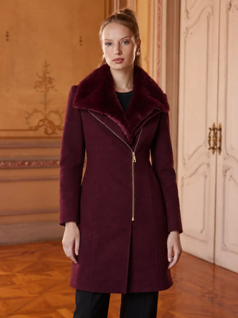 Madame Faux Fur Neckline Maroon Long Coat