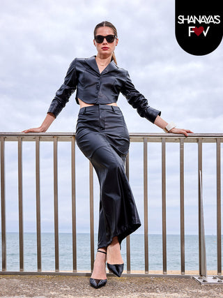 Madame Solid Black Buttoned Faux Leather Crop Top