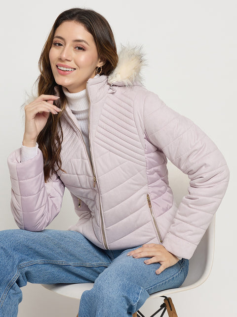 Madame Mauve Quilted Fur Collar Full Sleeve Short Jacket
