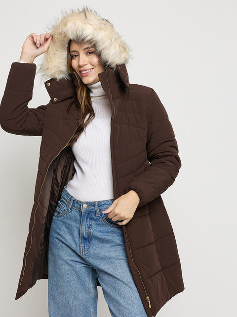 Madame Dark Brown Quilted High Neck Full Sleeve Midi Jacket