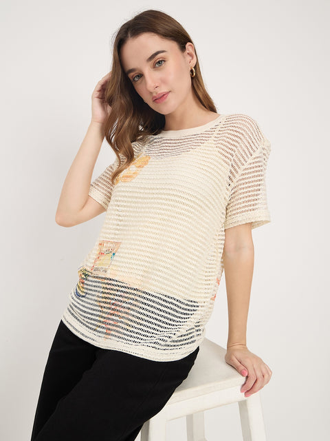 Madame Beige Printed Round Neck Half Sleeve T-Shirt
