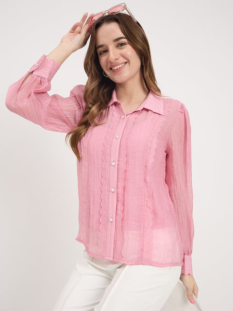 Madame Pink Lace Detail Lyocell Puff Sleeve Shirt