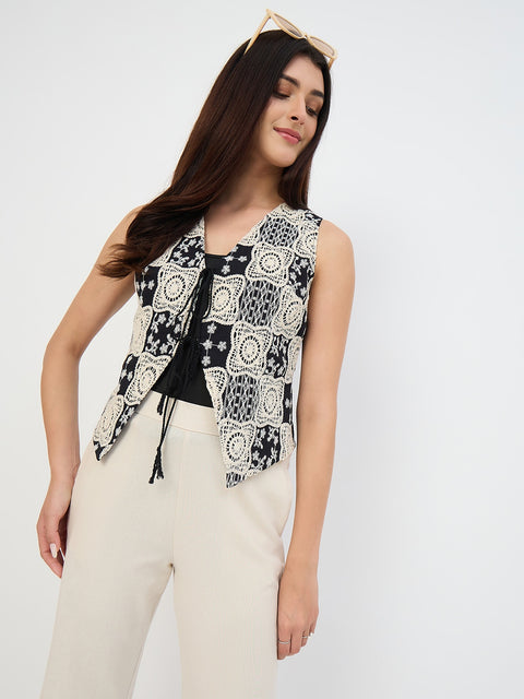 Madame Black Crochet-Detail Tie-Front Vest Top