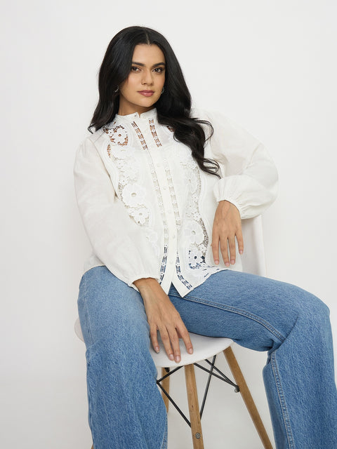 Madame Lace Detail Off White Cotton Top