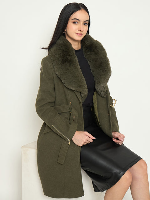 Madame Faux Fur Shawl Collar Long Coat with Belt