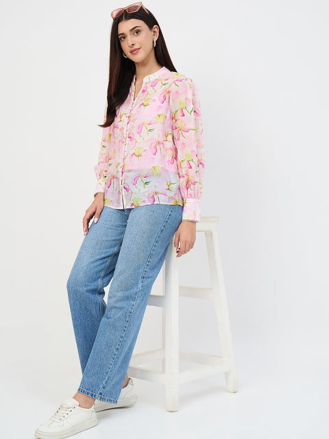 Madame Pink Printed Semi-Sheer Tencel Mandarin-Collar Top