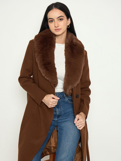 Madame Brown Long Coat with Faux Fur Shawl Collar and Belt